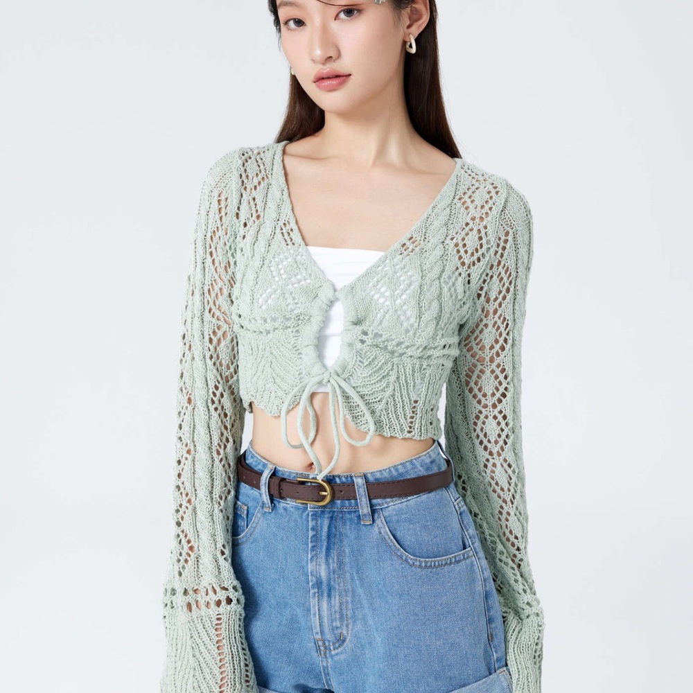 Hyper feminine Crochet Tie Front Deep V Neck Crop Top